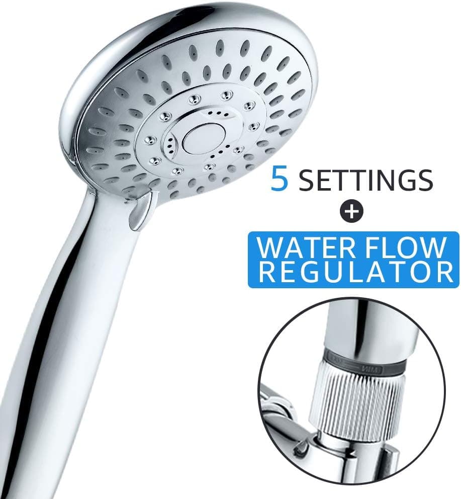 High Pressure 5 Settings Handheld Shower Head with Flow Regulator, Easy to Control Water Pressure and Water Flow, Shower Head with Hose and Holder, Fog Surface Design