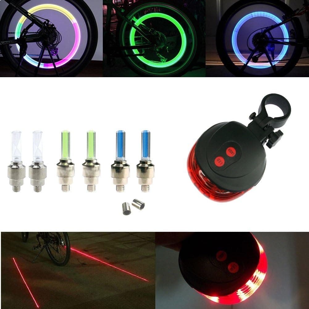 Innolife - Led Flash Tyre Wheel Valve Cap Light (Blue-Green-Colorful)+ Laser Beam Rear Safety Warning Light For Bike Bicycle Motorbicycle Wheel Light Tire Taillight