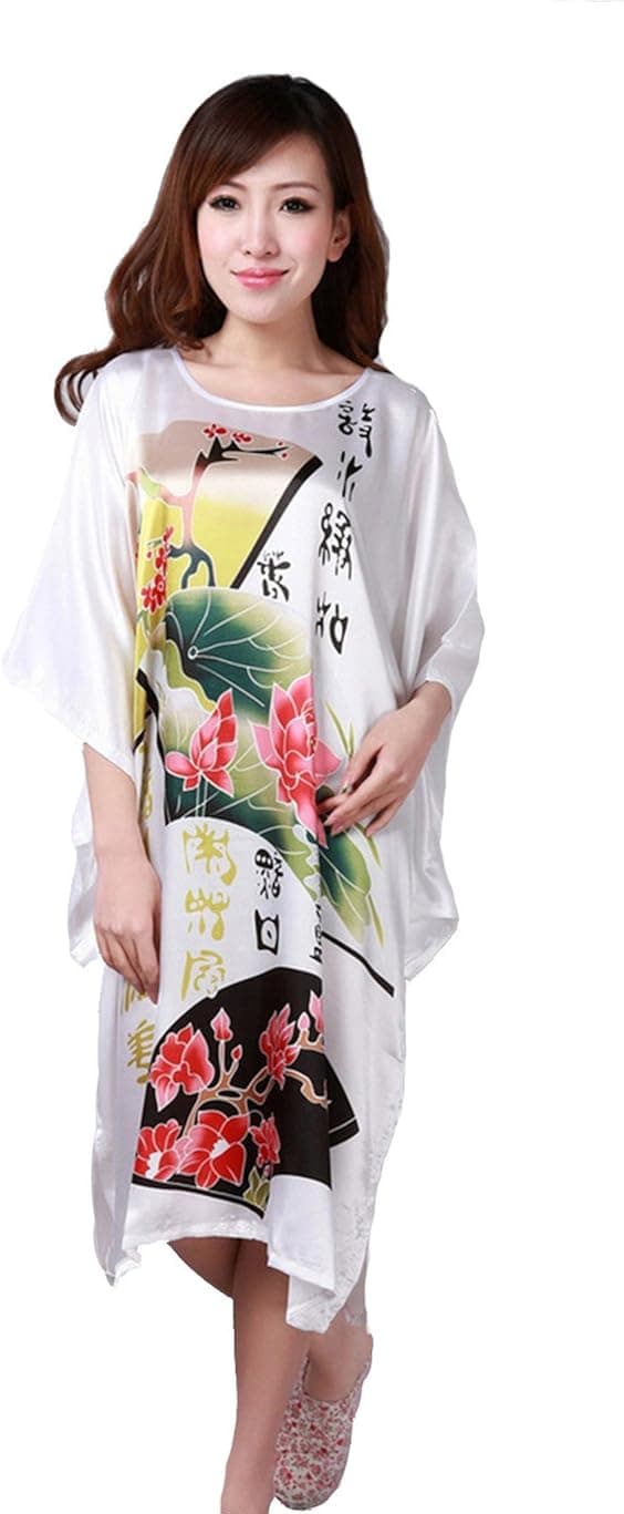 Jtc Women's Lotus Printed Nightshirt Sleepwear Loose Nightgown White