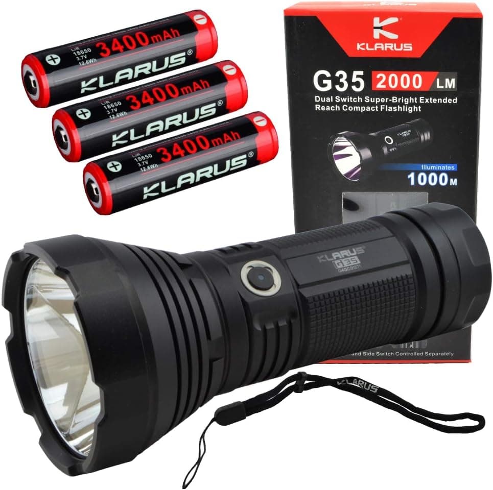 Klarus G35 Dual Switch Flashlight Compact Spotlight Bundle with 3x Klarus 3400mAh 18650 Rechargeable Batteries