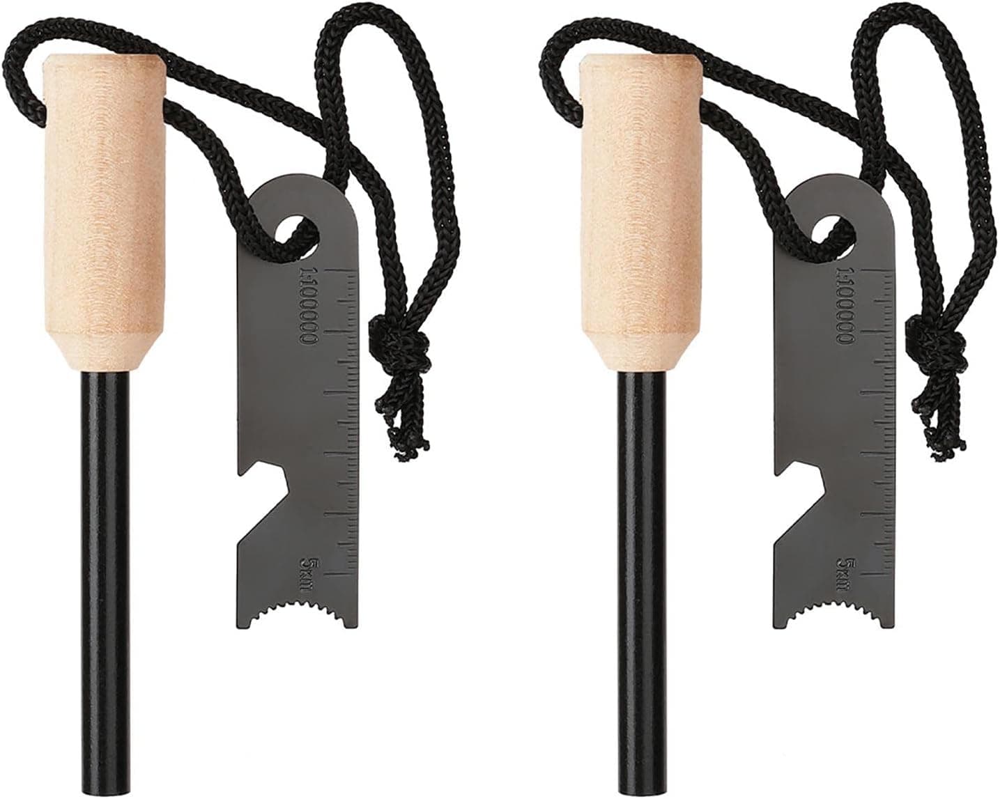 2PCS Fire Starter Survival Tool with Wood Handle,Thick Ferro Rod Fire Starter Kit for Campfires,Flint and Steel Striker,Waterproof Windproof Magnesium Firestarter for Camping, Hiking and Backpacking