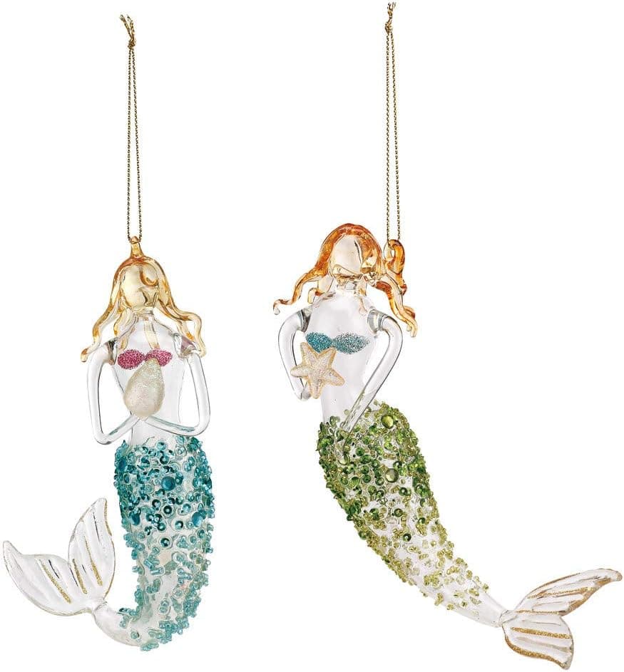 DEMDACO Mermaid Blue and Green Glitter 6 x 5 Glass Christmas Ornaments Set of 2