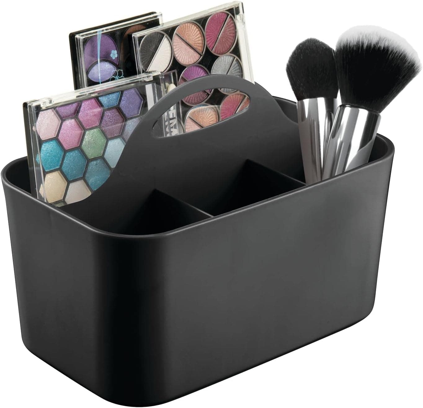 mDesign Plastic Makeup Storage Organizer Caddy Tote, Divided Basket Bin, Handle for Bathroom, Holds Eyeshadow Palettes, Nail Polish, Brushes, Shower Essentials, Small, Lumiere Collection - Black