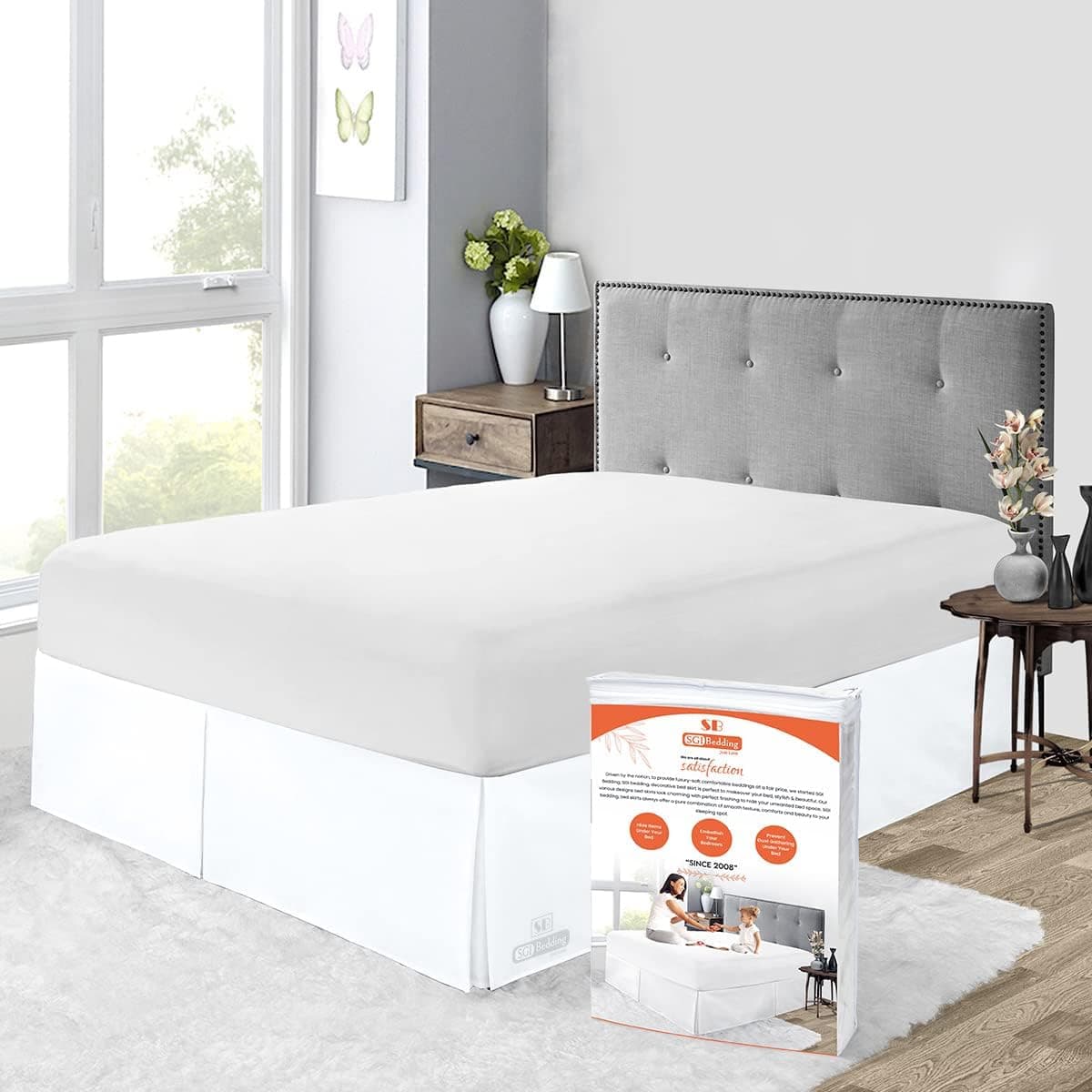 SGI 9 Inch Drop King Size White Solid Bed Skirt Split Corner Pleated Style Easy Fit Easy Care Fade & Wrinkle Resistant-Cotton Microfiber Made
