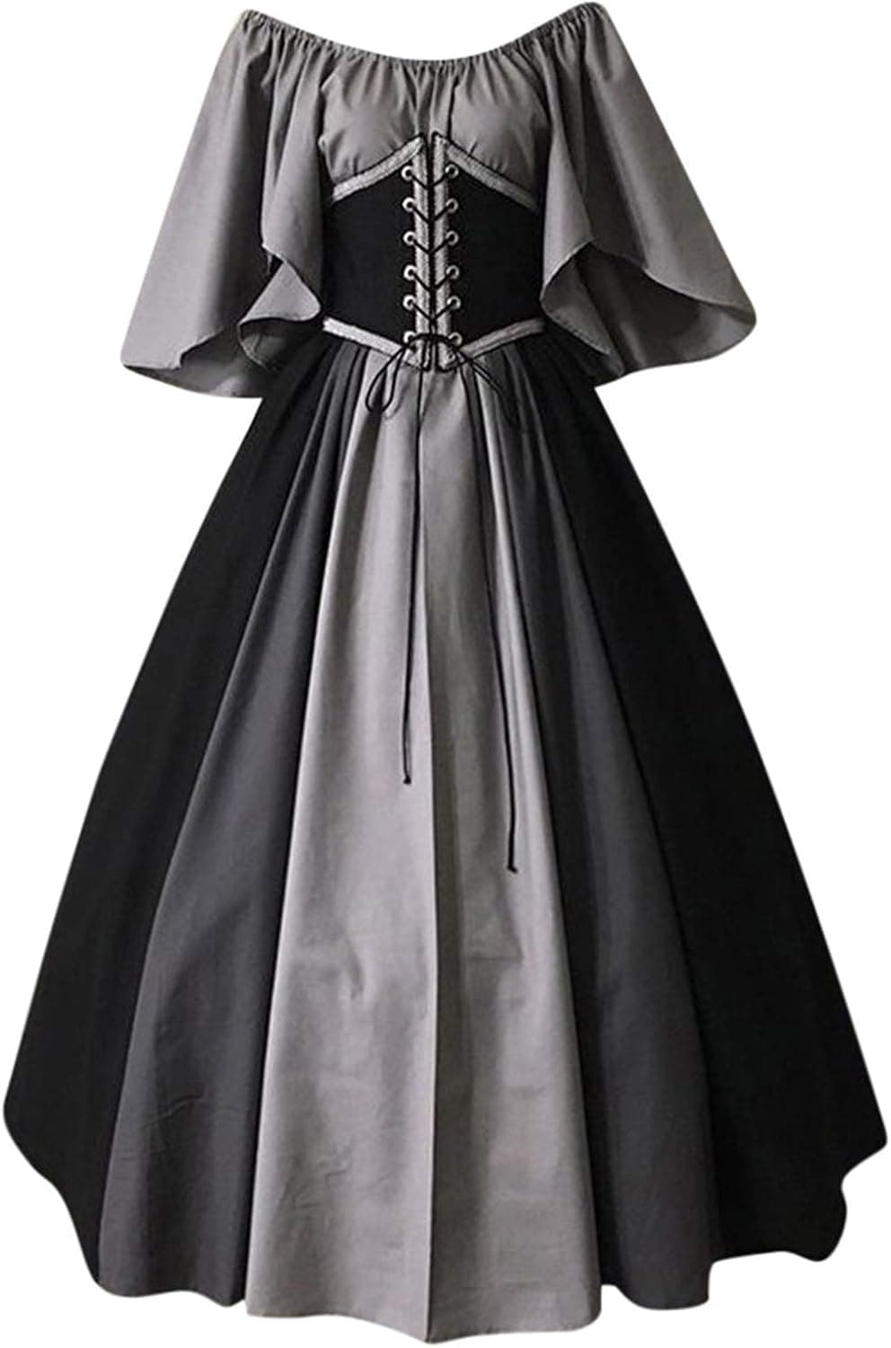 SHOPESSA Renaissance Dress Victorian Costumes for Women Ball Gown Patchwork Peasant Flare Sleeve Medieval Dress with Corset Gray