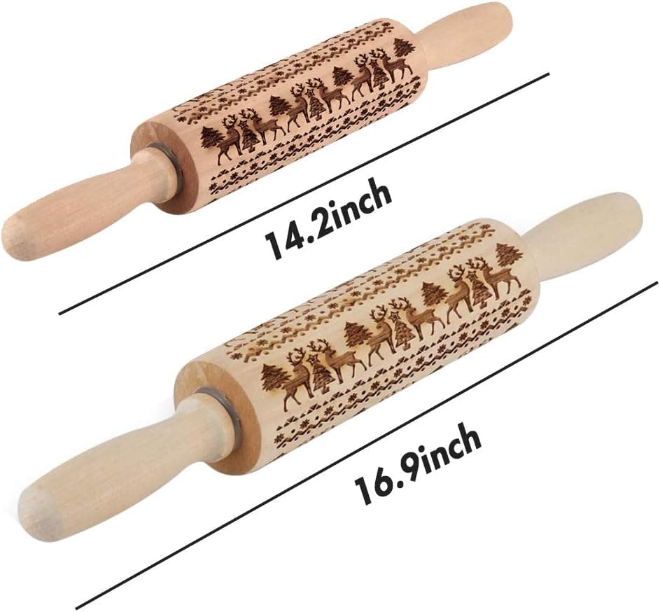 Koogel Embossed Rolling Pins Set, 2 Pcs Different Sizes Christmas Wooden Rolling Pins Parent-Child Reindeer Rolling Pins Pastry Rolling Pin for Cookies Crusts Pies Pastry Clay