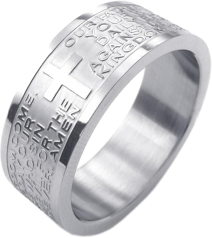 KONOV Mens Womens Stainless Steel Ring, English Lord's Prayer Cross 8mm Band,