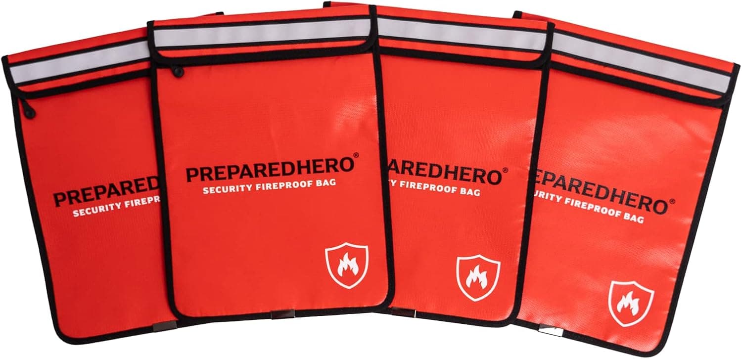 Prepared Hero Fireproof Bag - 4 Pack. Fire Resistant Document Bag to Safely Store Valuables