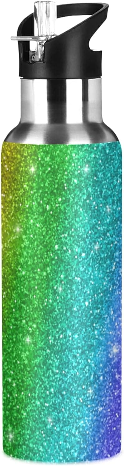 SUABO Rainbow Glitter Water Bottle for Girls Boys, Insulated Stainless Steel Sports Water Bottle with Straw, 20oz
