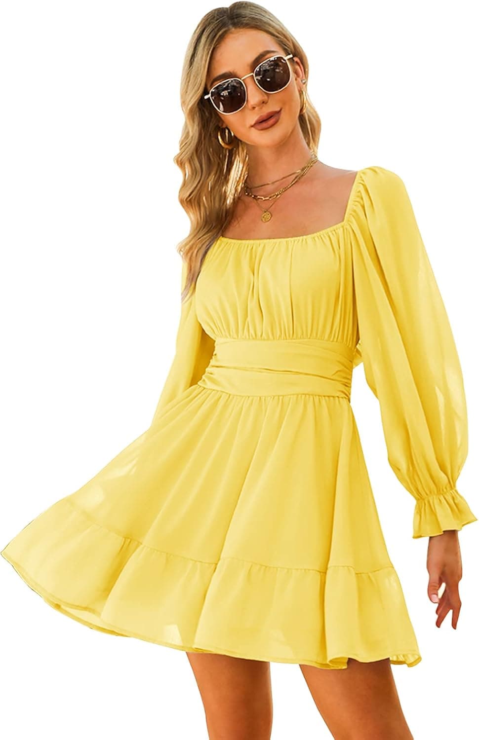 EXLURA Women Tie Back Wedding Guest Dresses Long Lantern Sleeve Square Neck Ruffle Elastic Waist Aline Casual Mini Dress