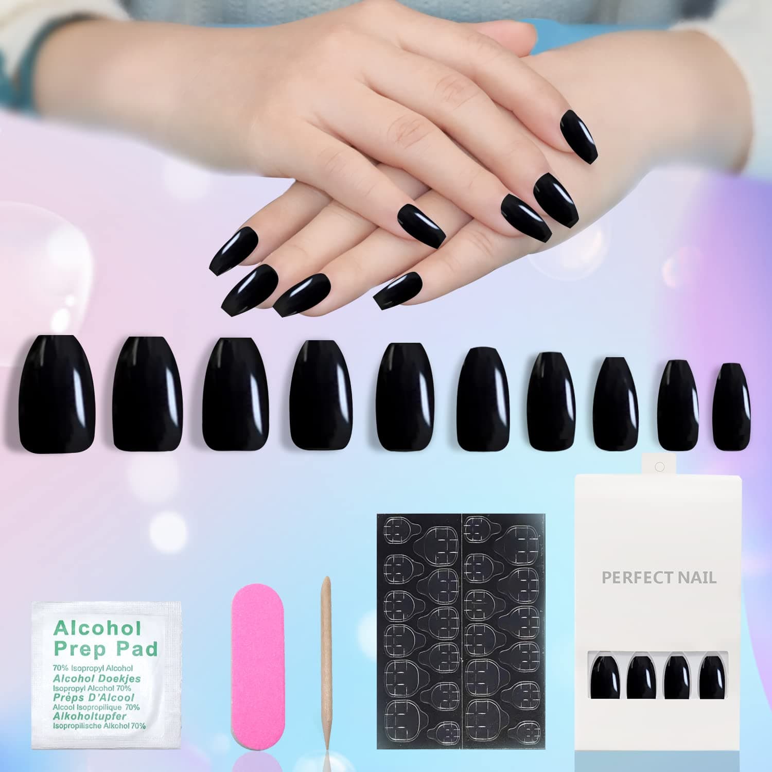 Press On Nails Coffin Short, 24 PCS Stick On Nails Ballerina Fake Nails for women Medium Length False Nails Glossy Black Coffin Nails Acrylic Artificial Nails Glue On Nails with Adhesive Tabs French Tip Nails Press on