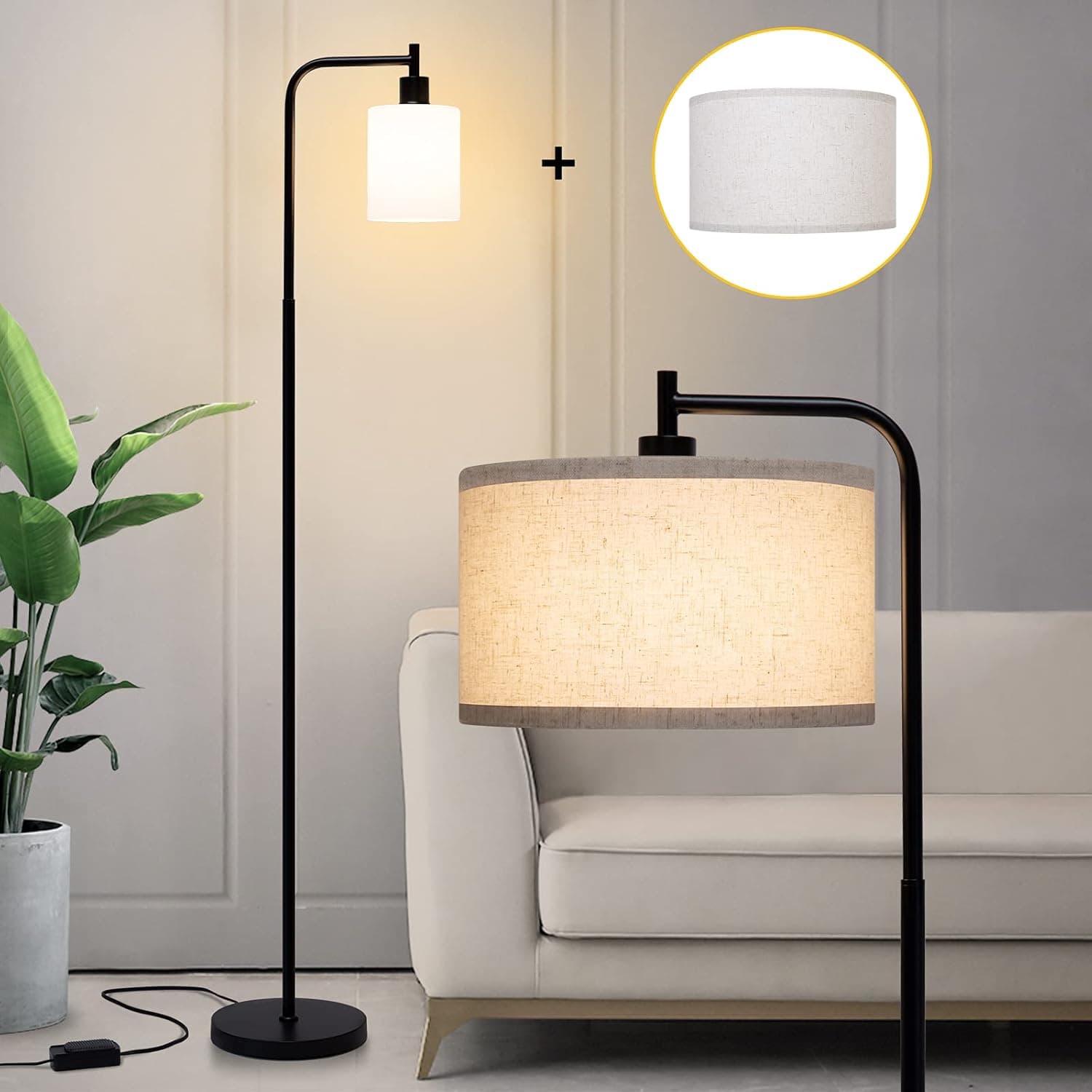 Industrial Floor Lamp, Modern Fully Dimmable Standing Lamp with Dual Hanging Lamp Shades, Black Tall Pole LED Corner Light Montage Reading Lamp for Bedroom, Living Room, Bright 8W LED Bulb Included