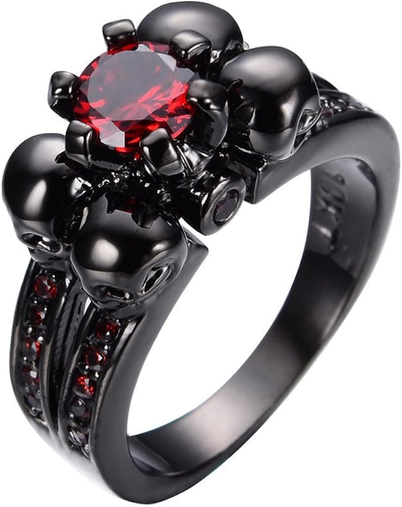 Womens Red Lab Stone Skulls Ring Engagement Wedding Black Gold Plated Garnet Womens Ring Size 5-10