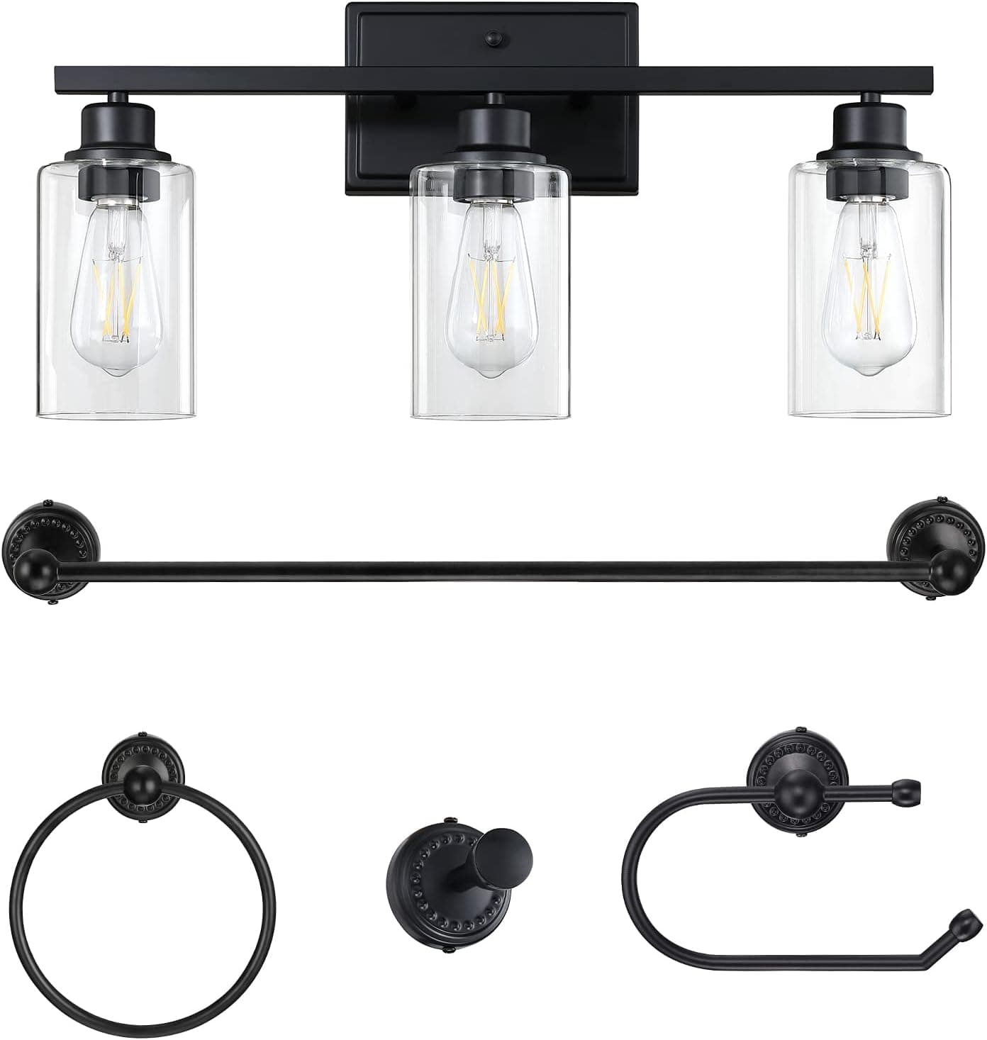 Doraimi Lighting Industrial Modern 3 Light Wall Light Clear Glass Black Finish Bathroom Vanity Light Fixture for Living Room Workshop(Included Towel Bar,Toilet Paper Holder,Towel Ring,Towel Hooks)