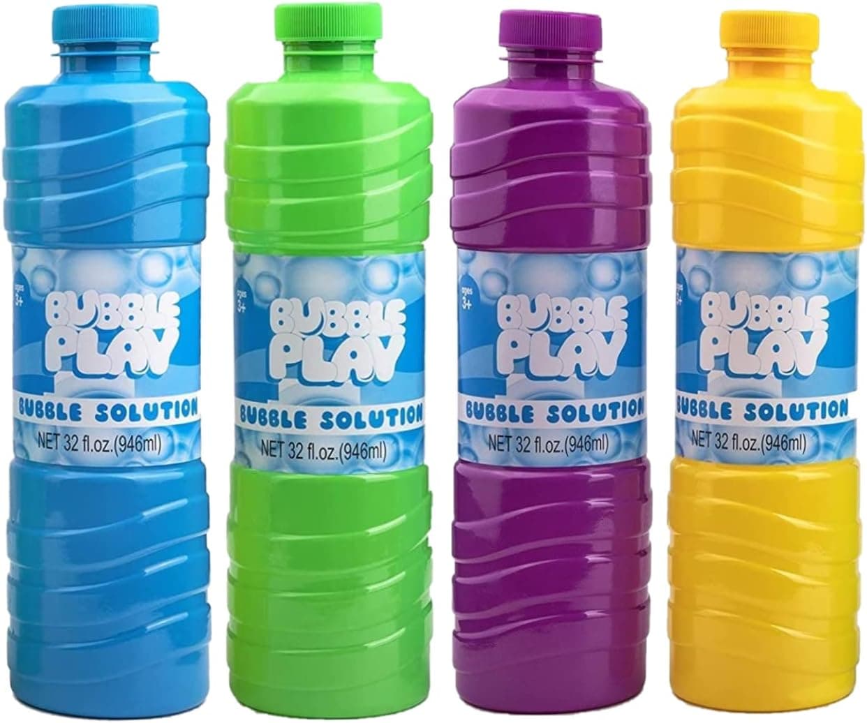 Bubble Play 4 Bottles 32 OZ Bubble Solution Refill - Large, Easy-Grip Bottles for Bubble Guns, Wands, Bubble Machines Refill Bottles (4 Pack)