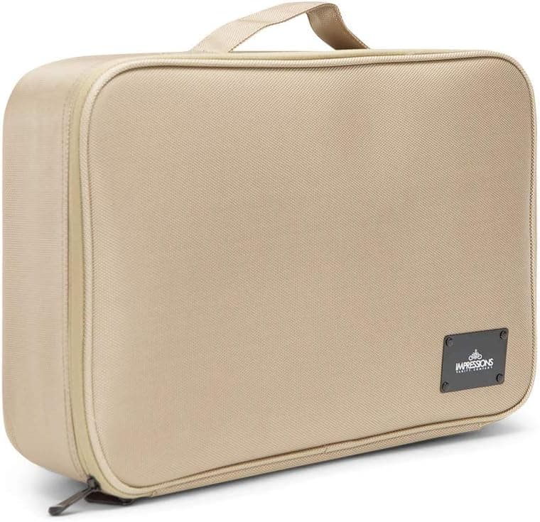 Impressions Vanity SLAYssentials Cosmetic Bag, Makeup Travel Bag Organizer with Adjustable Dividers, Portable Vanity Organizer with Zipper Pouch (Beige)
