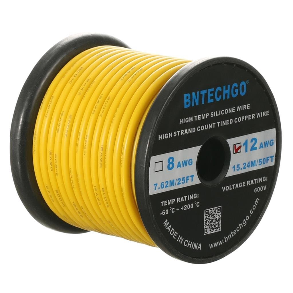 BNTECHGO 12 Gauge Silicone Wire Spool 50 ft Yellow Flexible 12 AWG Stranded Tinned Copper Wire