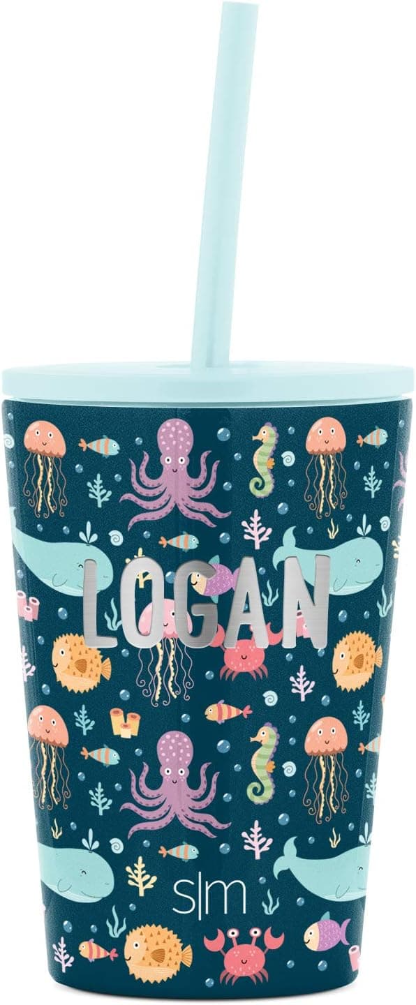 Simple Modern Insulated Personalized Kids Cup with Lid and Silicone Straw Custom Laser Engraved Name for Toddlers Boys and Girls, 12oz, Sea