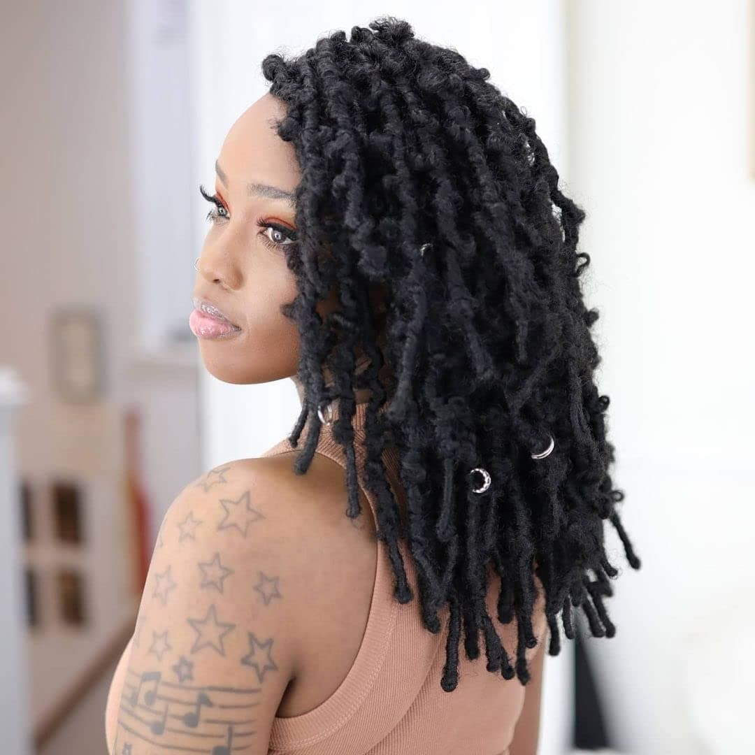 7packs Butterfly Locs Crochet Hair 12 inch Pre Looped Distressed twist Locs Crochet Braids Knotless Style Natural Messy short Faux Locs Crochet Hair(1b)