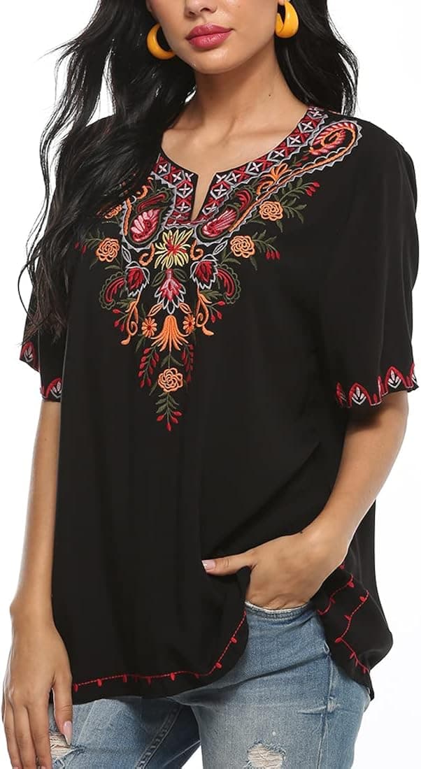 LauraKlein Women’s Embroidered Tops Short Sleeve Shirts Traditional Pattern of Feathers and Flowers Ethnic Style Blouse