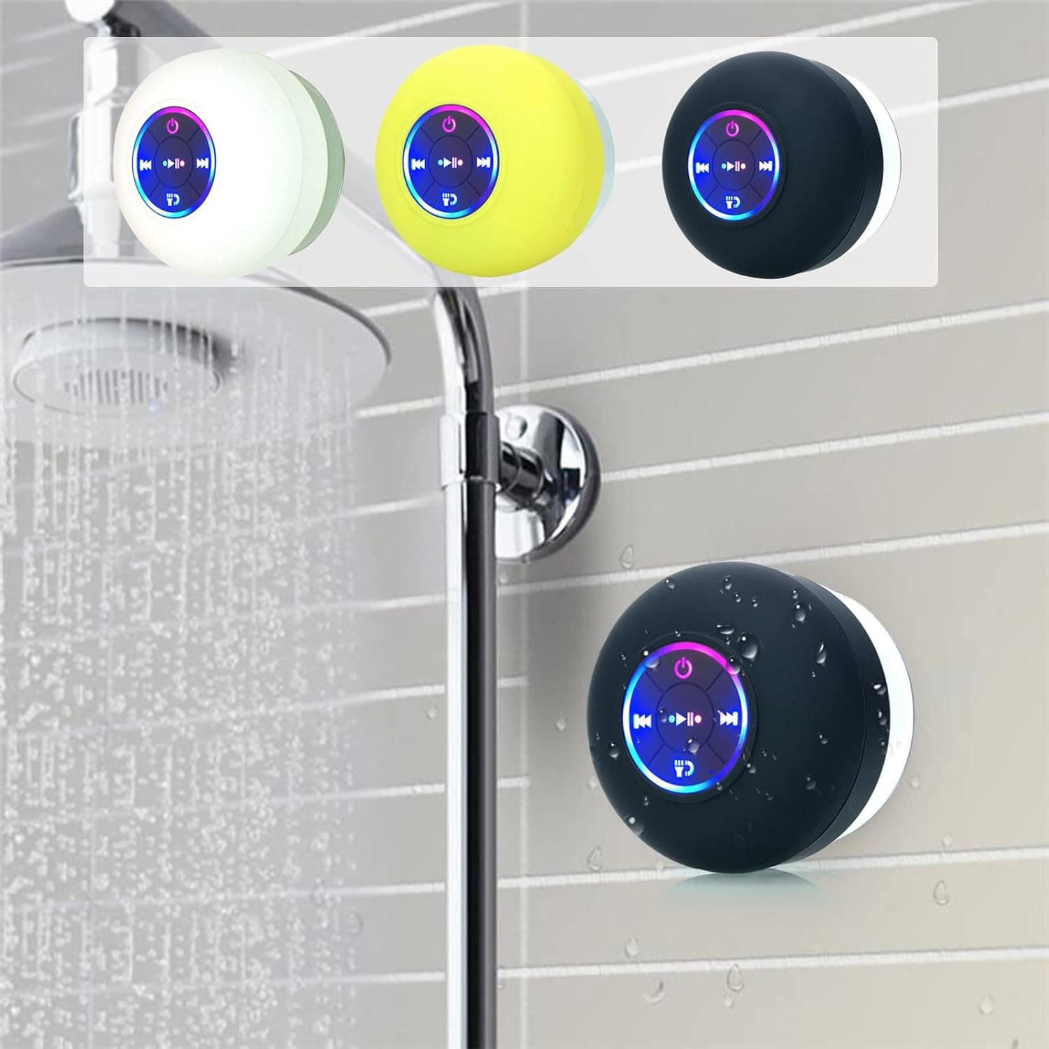 MGANEL Bluetooth Shower Speaker with Color Light, Handsfree Speakerphone with Built-in Mic Dedicated Suction Cup for Showers Bluetooth 5.0 IPX4 Waterproof (Black)