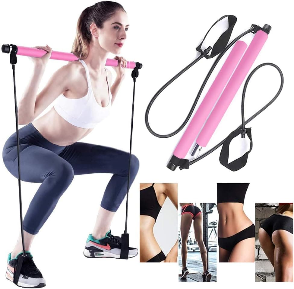 GoMi Portable Pilates Bar Kit with Resistance Band Yoga Pilates Stick, Exercise Toning Bar with Foot Loop, Sit-Up Bar for Yoga, Fitness, Stretch, Sculpt,Twist