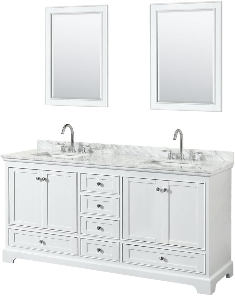 Wyndham Collection Deborah 72 inch Double Bathroom Vanity in White, White Carrara Marble Countertop, Undermount Square Sinks, and 24 inch Mirrors