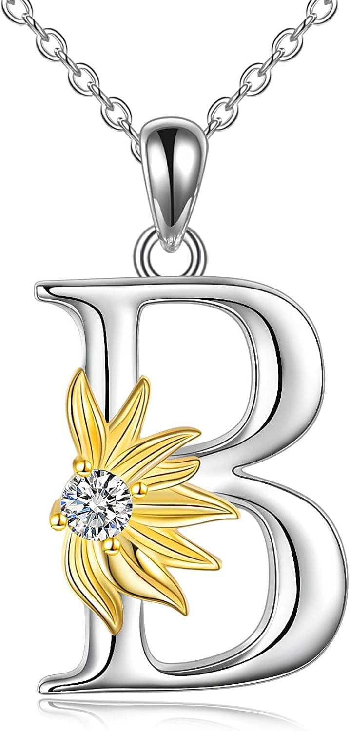 POPLYKE Sunflower Necklace Initial Sunflower Gifts for Women Girls Alphabet Letter Script Name Pendant Chain