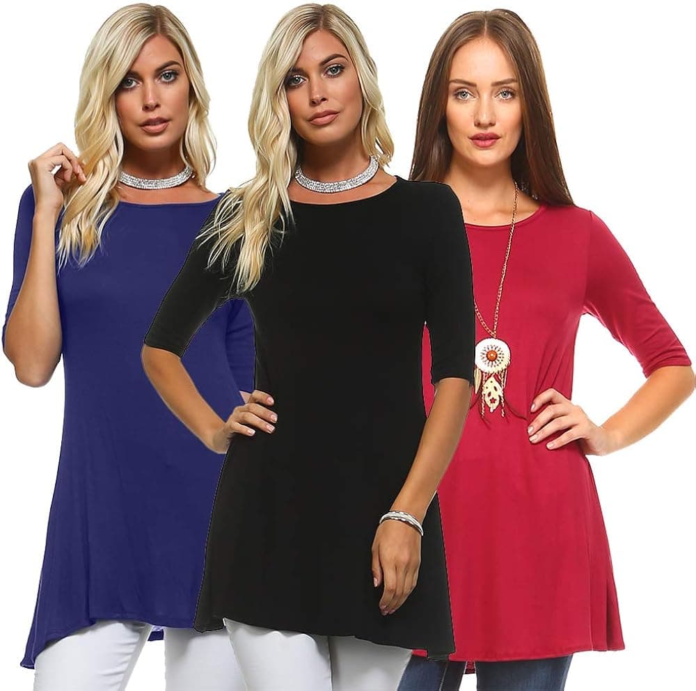 Isaac Liev Women's 3-Pack 3/4 Sleeve Elbow Half sleeve Short Sleeves A-line Flowy Loose Swing Tunic Shirt Top (2X-Large, Black, Navy & Burgundy)…