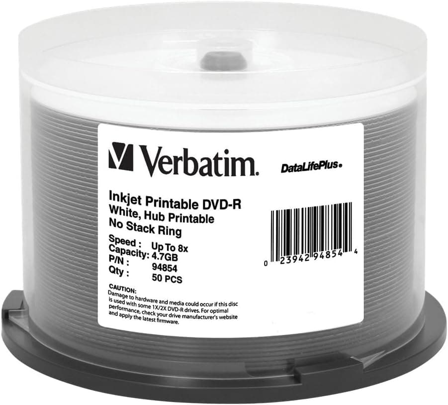 Verbatim DVD-R 4.7GB 8X Datalifeplus White Inkjet Printable Surface, Hub Printable - 50Pk Spindle