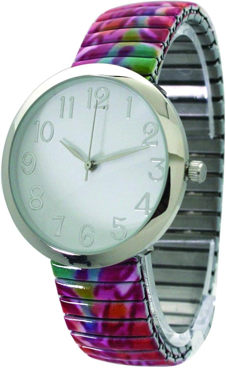 Fashion Watch Wholesale Floral Print Stretch Band Watch with Silver Case and Large Numbers