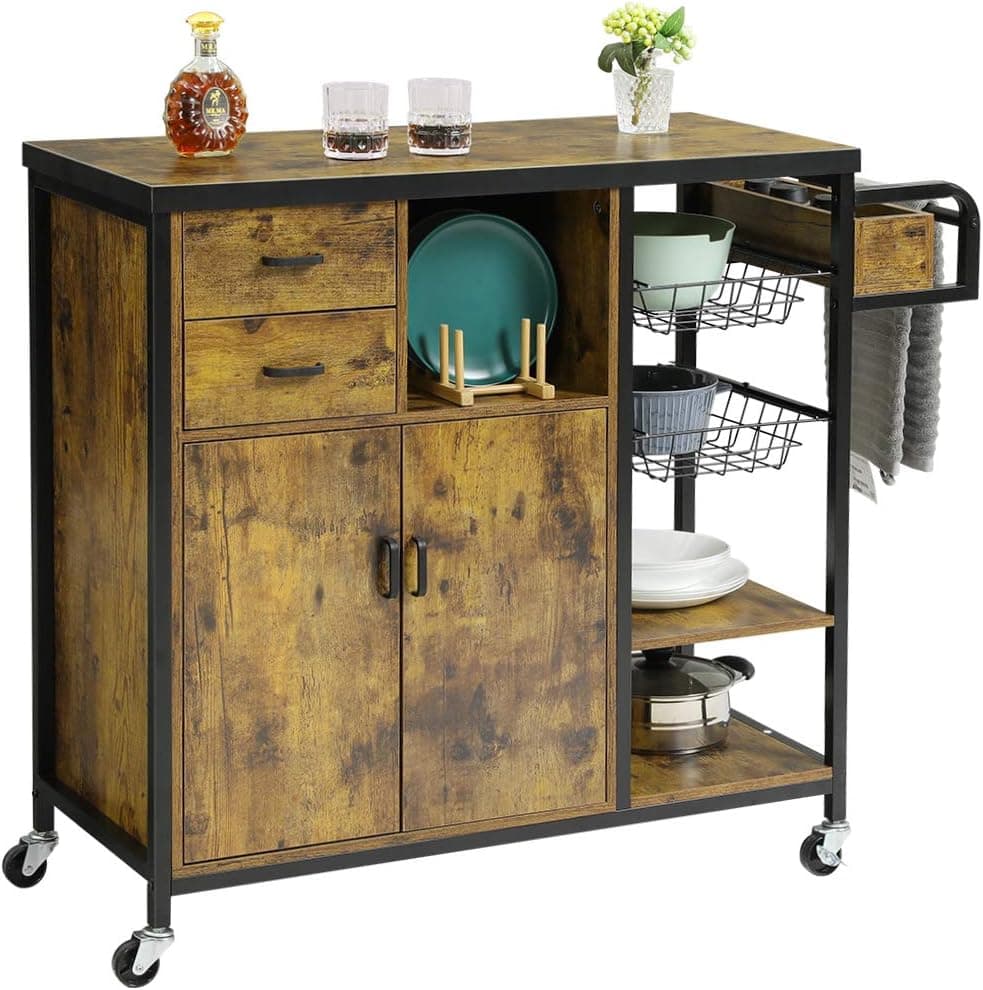 Hasuit Kitchen Island Cart on Wheels, Rolling Kitchen Island with Cabinet, Kitchen Cart with Drawers, Spice Rack, Basket and Shelves, Accent