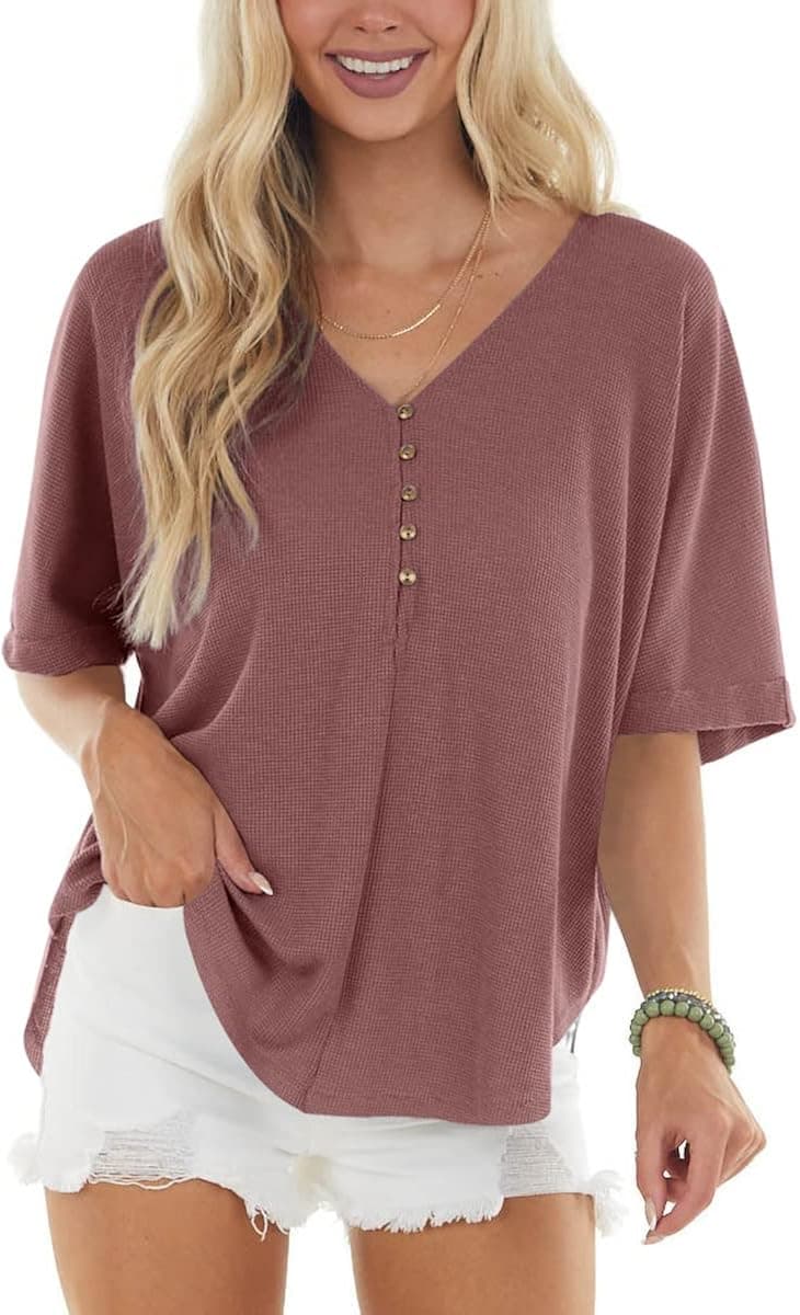 Goranbon Women's Short Sleeve V Neck Tshirt Oversized Summer Casual Tunic Tops Blouse