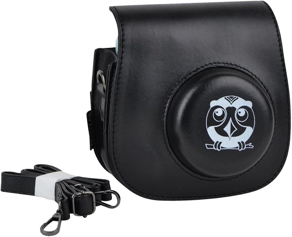 PessyLee Cute Patterned Mini 8 PU Leather Camera Case w/ a Matching Removable Single Shoulder Strap - Black (Owl)