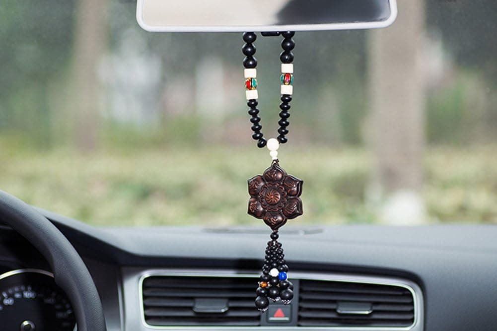 Silence Shopping Peach Wood Six Petal Lotus Tibetan Anti-Evil Automotive Interior Security and Peace Car Hanging Decor Ornament Decoration Rearview Mirror Glass Peace Pendant (Lotus)