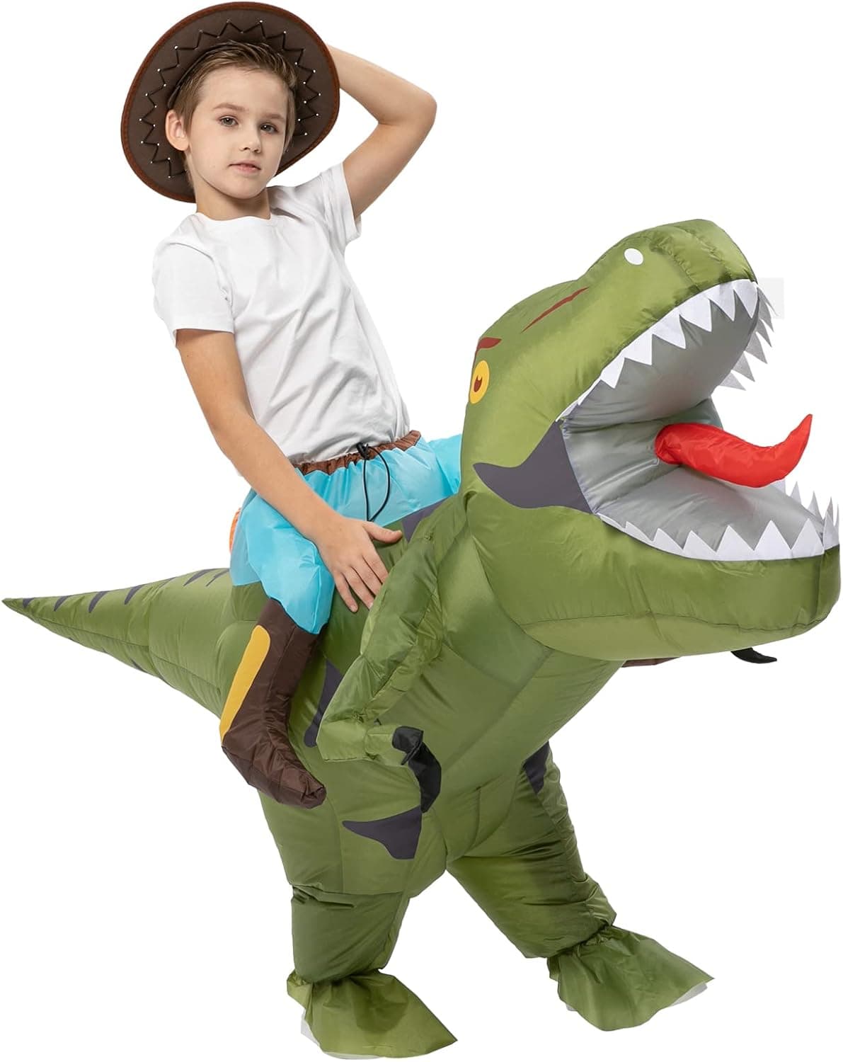 FunsLane Halloween Inflatable Dinosaur Costume for Kids, Ride on Dinosaur Blow Up Costumes Halloween Dress Up Party Cosplay Costumes for Boys Girls, Green