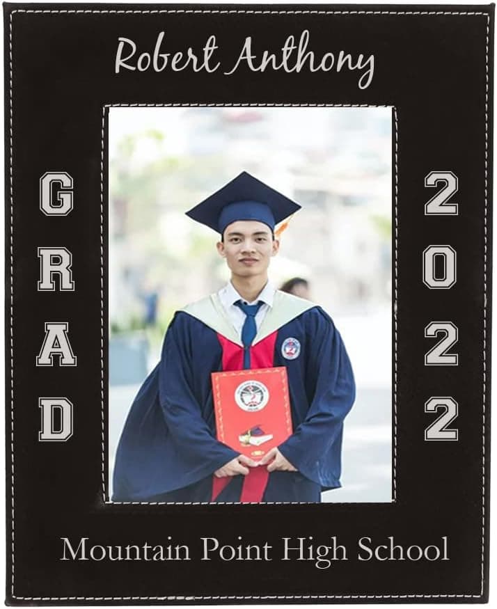 CustomGiftsNow Personalized Graduate Class 2022 2023 2024 - Faux Leather Hanging/Tabletop Remembrance Celebration Memory Leatherette Photo Picture Student Graduation Black Frame (5x7-inch Vertical)