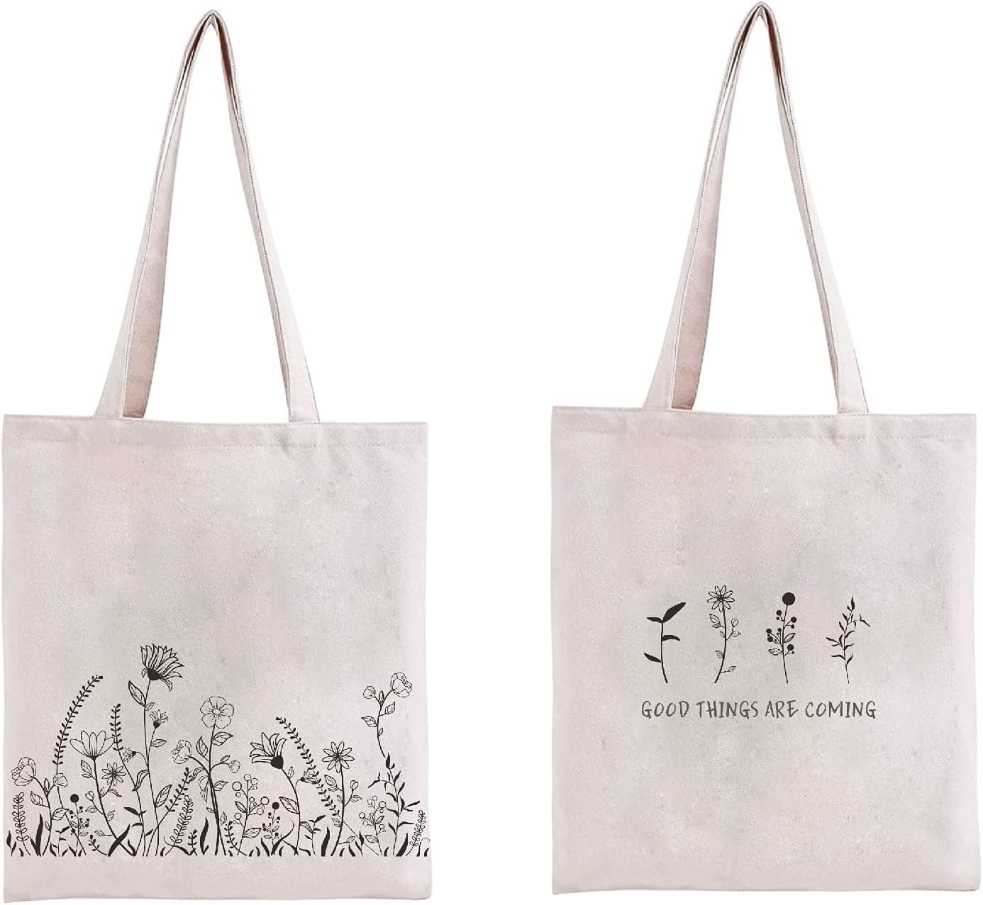 Kazova Floral Cotton Canvas Tote Bag Minimalist Bouquet Tote Bag Reusable Canvas Shopping Grocery Bags Wildflower Botanical Boho Gift for Women (Black)