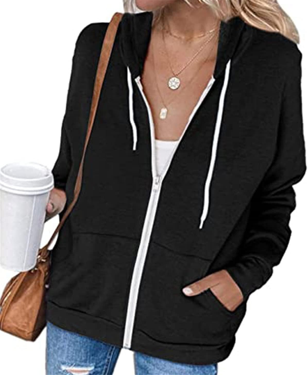 Easyhon Womens Lightweight Soft Zip Up Fleece Hoodie Sweater Jacket
