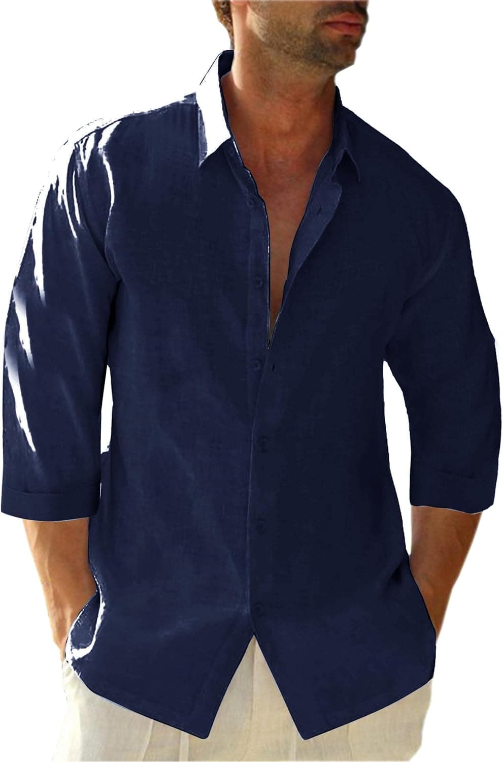 Ryannology Men Casual Button Down 3/4 Sleeve Shirts Business Office Linen T Shirt Beach Tee Collared Tops