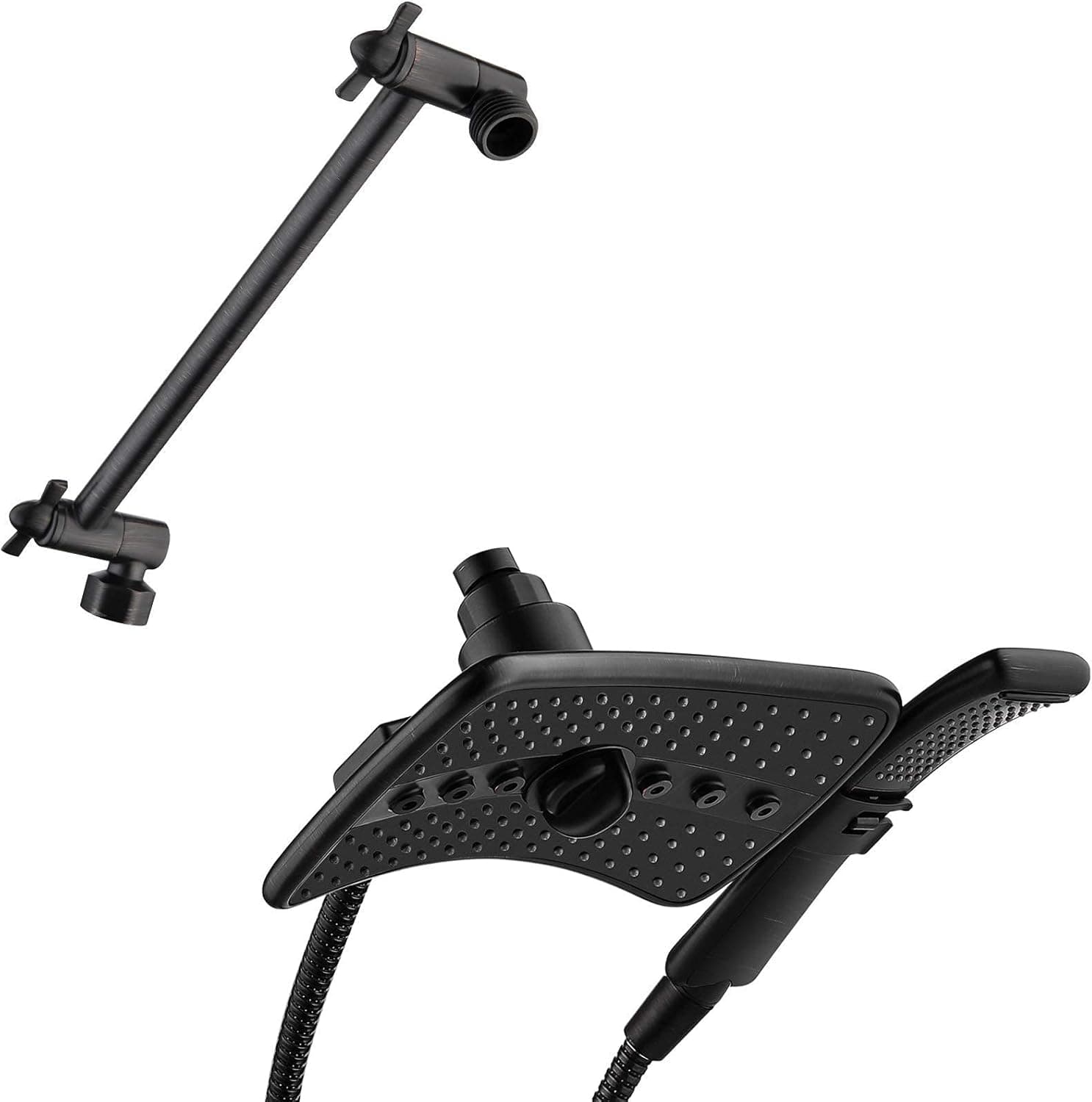 BRIGHT SHOWERS Four Spray Settings Shower Head Set Oil Rubbed Bronze and Black Finishing and Matching 10 Inch Universal Shower Extension Arm