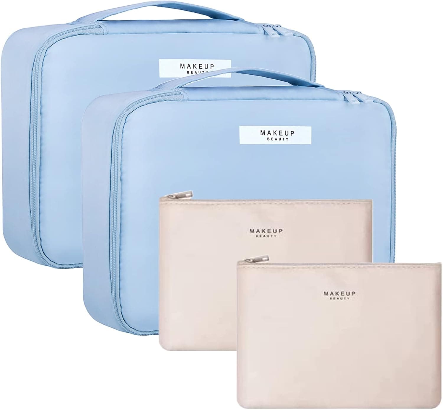 AUSEKALY Makeup Bag Cosmetic Bag For Women Travel Make Up Bag for Girl 2 Pcs Cute Large Makeup Bag With Brush Bag + 2 Pcs Small Cosmetic Bags Blue