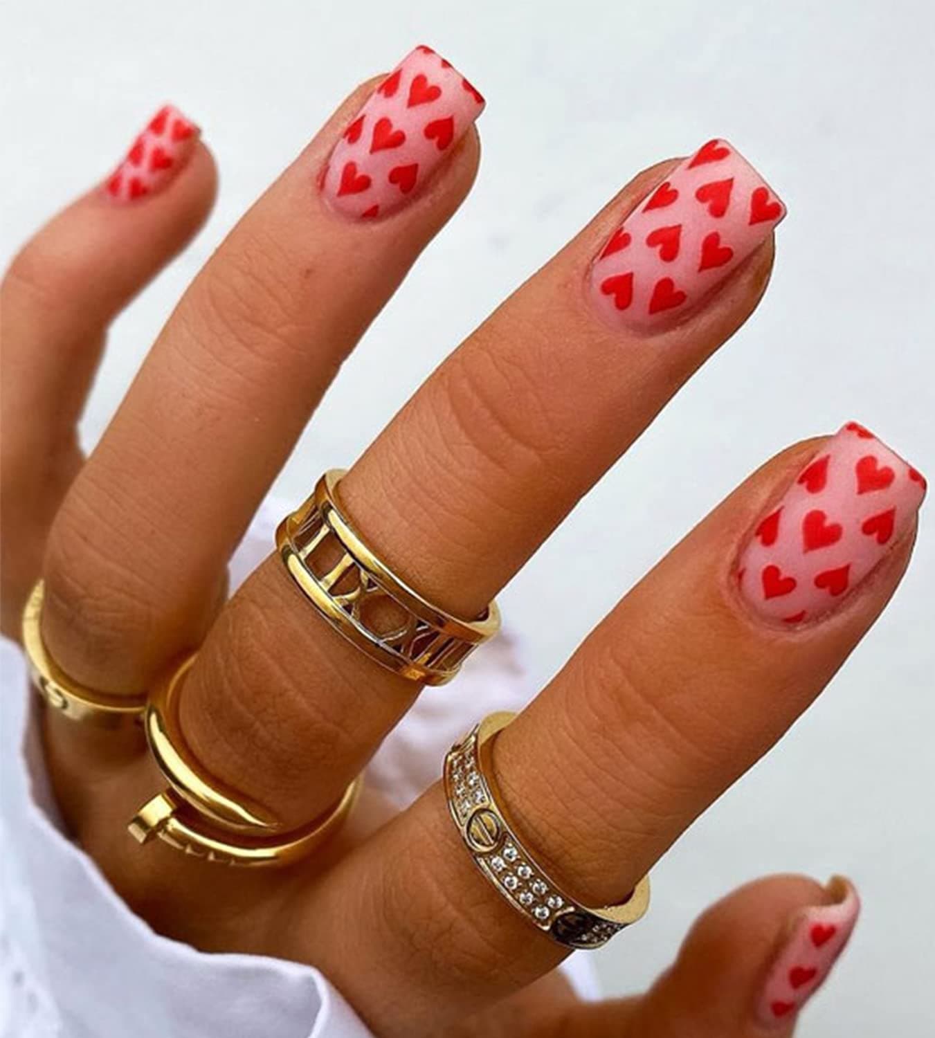 Valentine's Day Press on Nails Square - Kikmoya Medium Pink with Heart Design Matte False Fake Nails in 12 Sizes - 24pcs Squoval Stick on Nails for Women