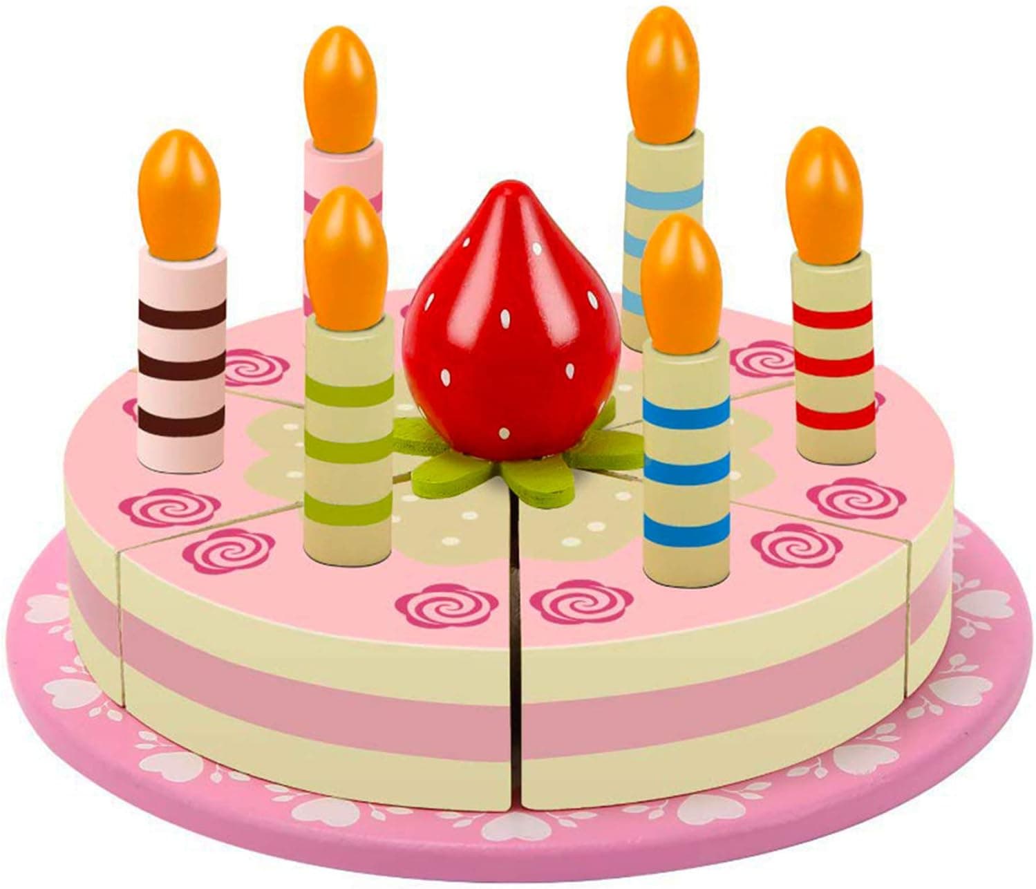 Wooden Birthday Party Cake for Toddlers 2 3 Years Old,KIDS Toyland Pretend Food Sets for Kids, Toddler Wood Cake Sets - Cake, Strawberry, Candles and Cutter, Learning Kitchen Toys for Girls and Boys