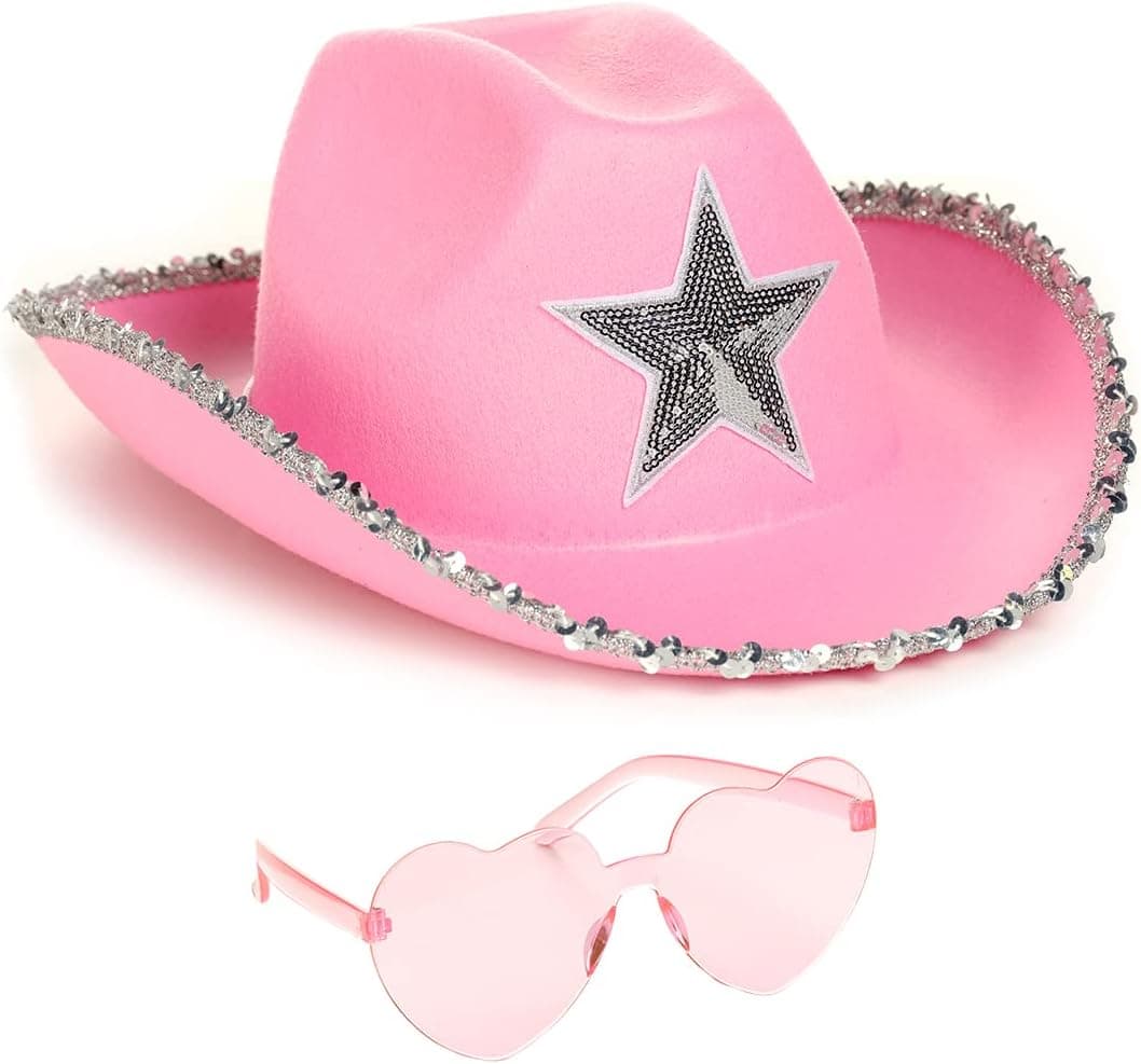 Funcredible Pink Cowgirl Hat with Heart Glasses - Pink Cowboy Hat with Silver Sequin Star - Halloween Cow Girl Costume Accessories - Fun Rodeo Party Hats and Goggles for Kids, Girls and Women