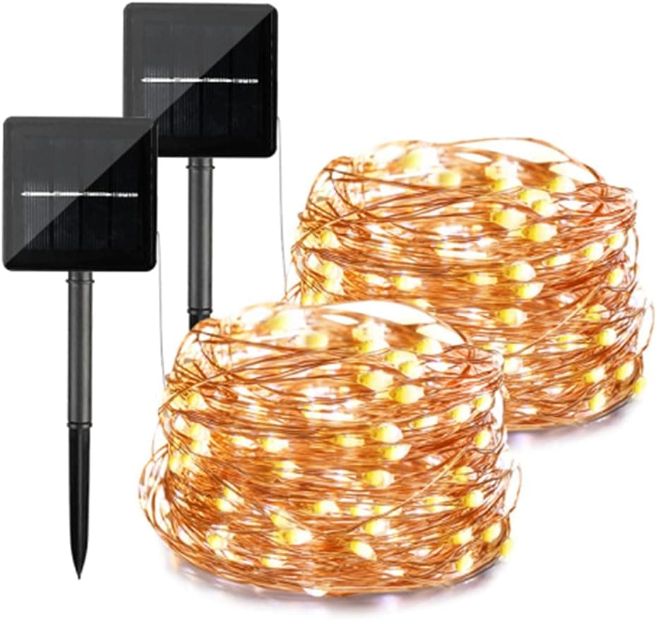 Outdoor Waterproof Solar String Lights, 100-LED Solar Fairy Lights with 8-Lighting Modes, String Lights for Garden Yard Porch Wedding Party Outdoor Decor (Warm White, 2-Pack, 33Ft)