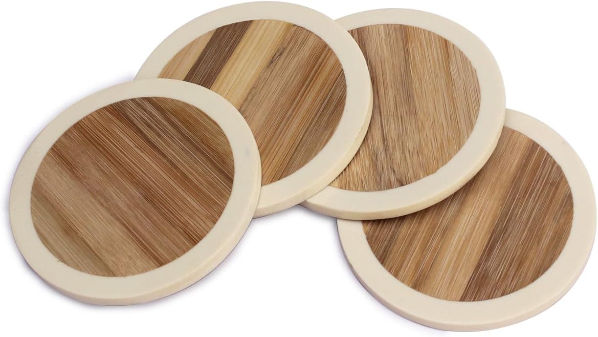SouvNear Beverage Coasters Set of 4 - Bamboo Straw & Resin Round, 0.3 x 4 x 4 inches, Natural Brown & Off-White