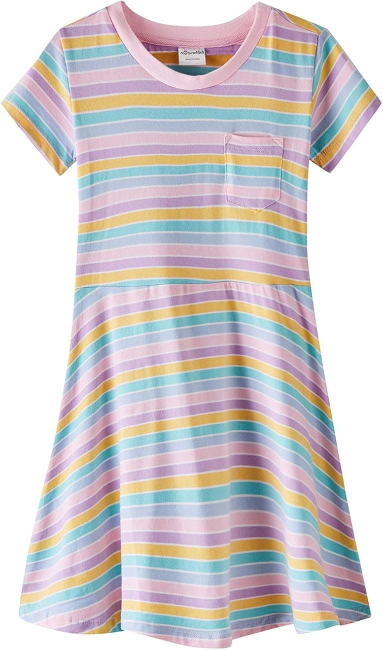 Noomelfish Girls Knit Pleat Dress Short Sleeve Skater Dresses with Chest Pocket (2-12 Years)