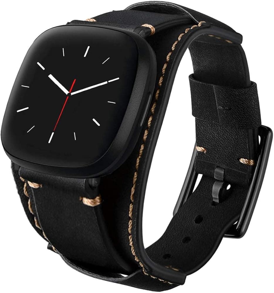 Hepsun Compatible with Fitbit Sense/Versa 3 Bands Genuine Leather Cuff Band Replacement Strap with Stainless Steel Clasp Compatible for Fitbit Versa 3 Sense Accessories Men Women