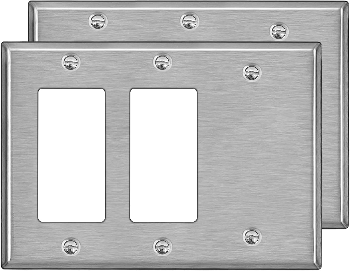 [2 Pack] BESTTEN 3-Gang Combination Metal Wall Plate with Ｗhite or Clear Plastic Film, 2-Decorator/1-Blank, Anti-Corrosion Stainless Steel Outlet and Switch Cover, Brushed Finish